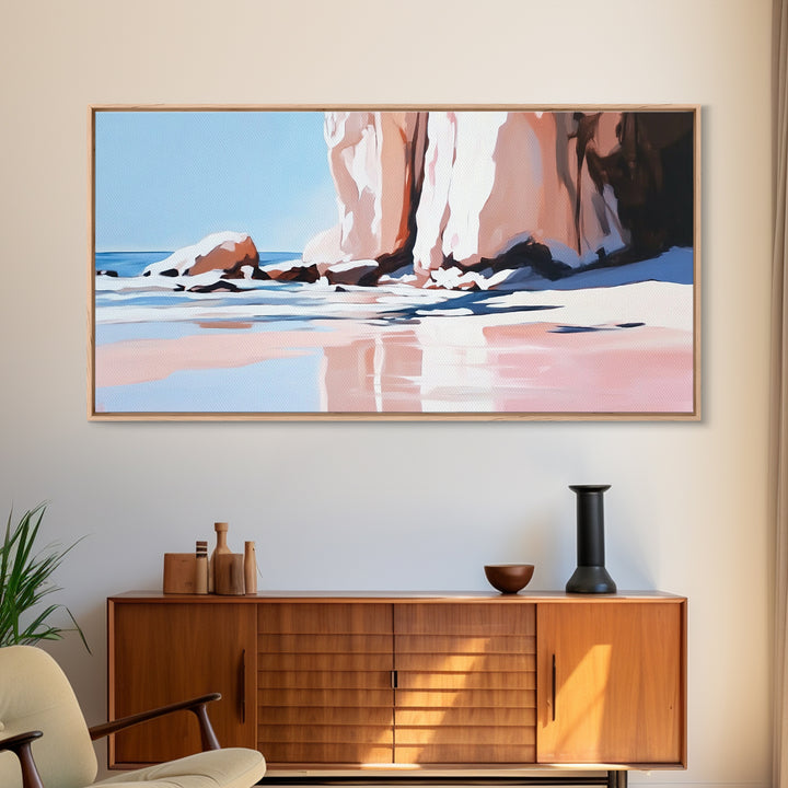 Beach Reflections, Rock Formations, Seaside Art, Canvas Print, Coastal Wall Decor, Ocean Painting, Living Room Art, Minimalist Beach Art