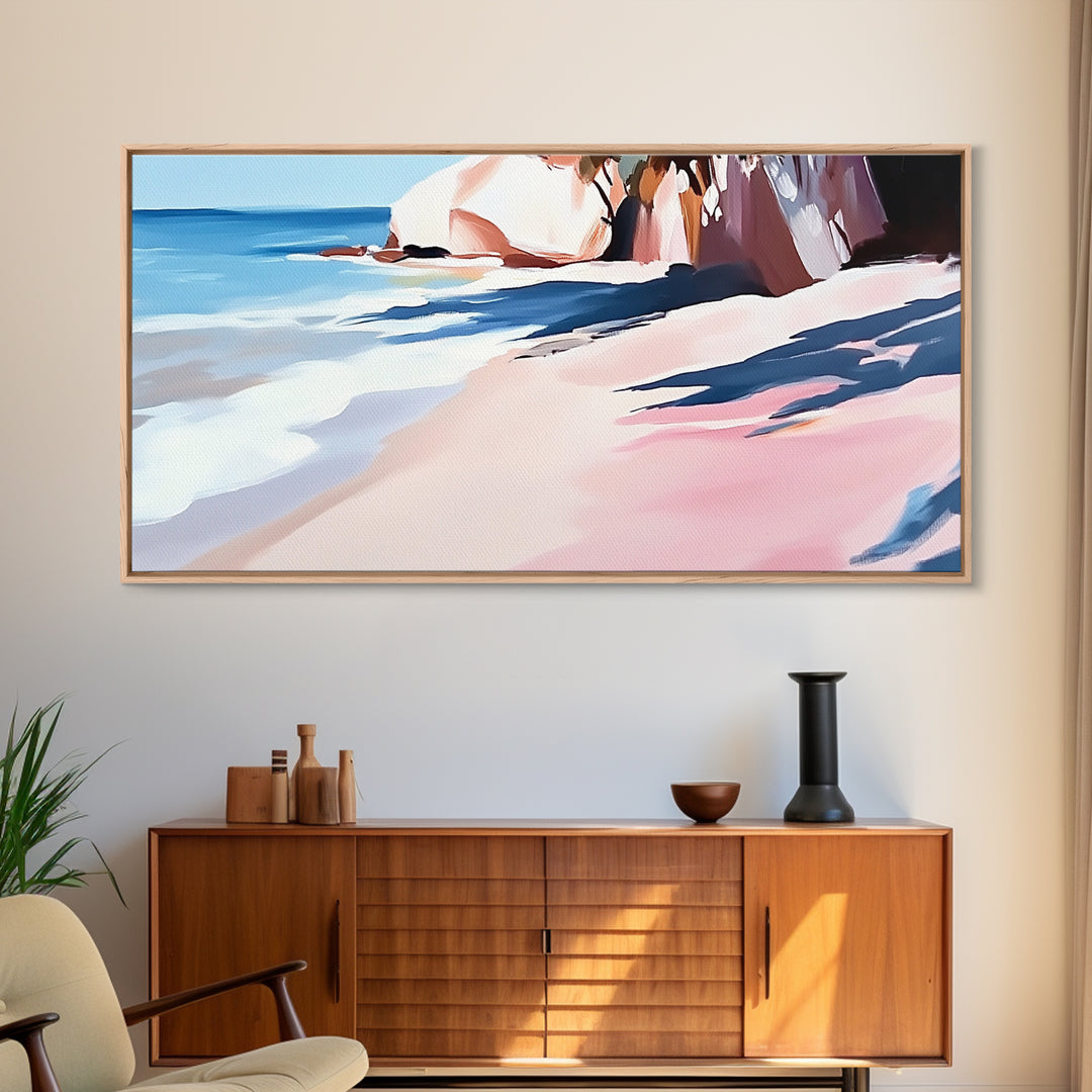 Ocean Shoreline, Rocky Beach, Blue Waves, Canvas Print, Modern Coastal Art, Beach House Decor, Living Room Wall Art, Minimalist Seascape