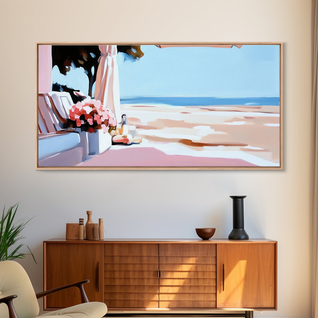 Beachside Terrace, Relaxing View, Oceanfront Art, Canvas Print, Coastal Home Decor, Nautical Painting, Living Room Wall Art, Blue Art