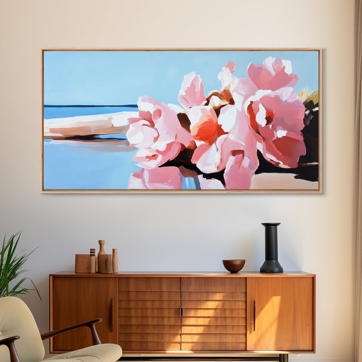 Beach Flowers, Coastal Art, Pink Peonies, Seaside Decor, Framed Canvas Print, Living Room Wall Art, Romantic Art, Boho Aesthetic