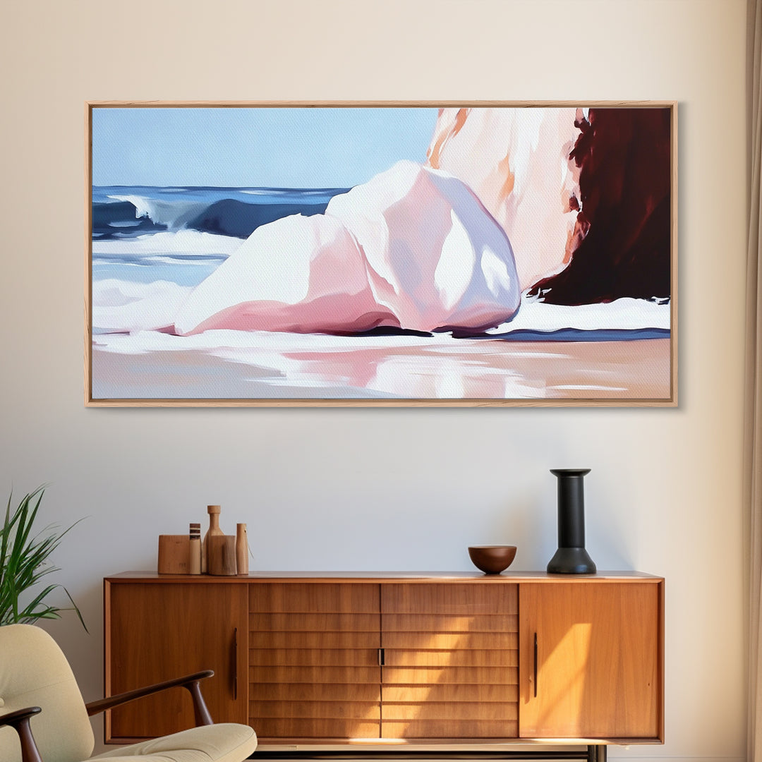 Ocean Rocks, Coastal Landscape, Beach Scene, Seaside Print, Framed Canvas Print, Modern Wall Art, Nautical Decor, Bathroom Art