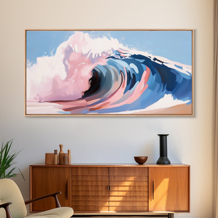 Ocean Wave, Abstract Seascape, Beach Aesthetic, Coastal Home, Canvas Print, Modern Beach House Wall Art, Blue and Pink Waves, Surf Art