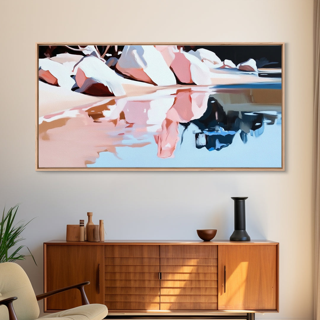 Beach Reflection, Coastal Landscape, Modern Seascape, Minimalist Decor, Framed Canvas Print, Ocean Tranquility, Relaxing Aesthetic