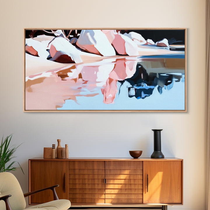 Beach Reflection, Coastal Landscape, Modern Seascape, Minimalist Decor, Framed Canvas Print, Ocean Tranquility, Relaxing Aesthetic