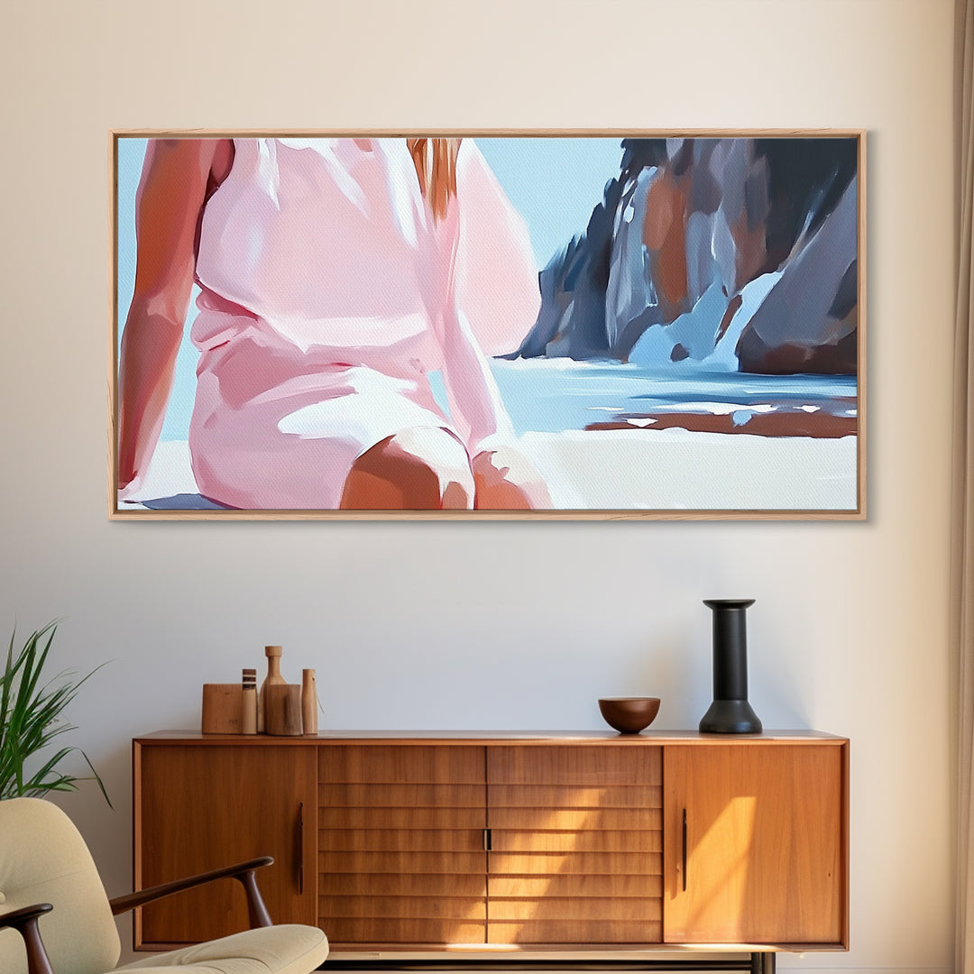 Beach Woman, Summer Aesthetic, Ocean Fashion, Boho Wall Art, Framed Canvas Print, Coastal Beauty, Modern Beach House Decor, Minimalist Artwork
