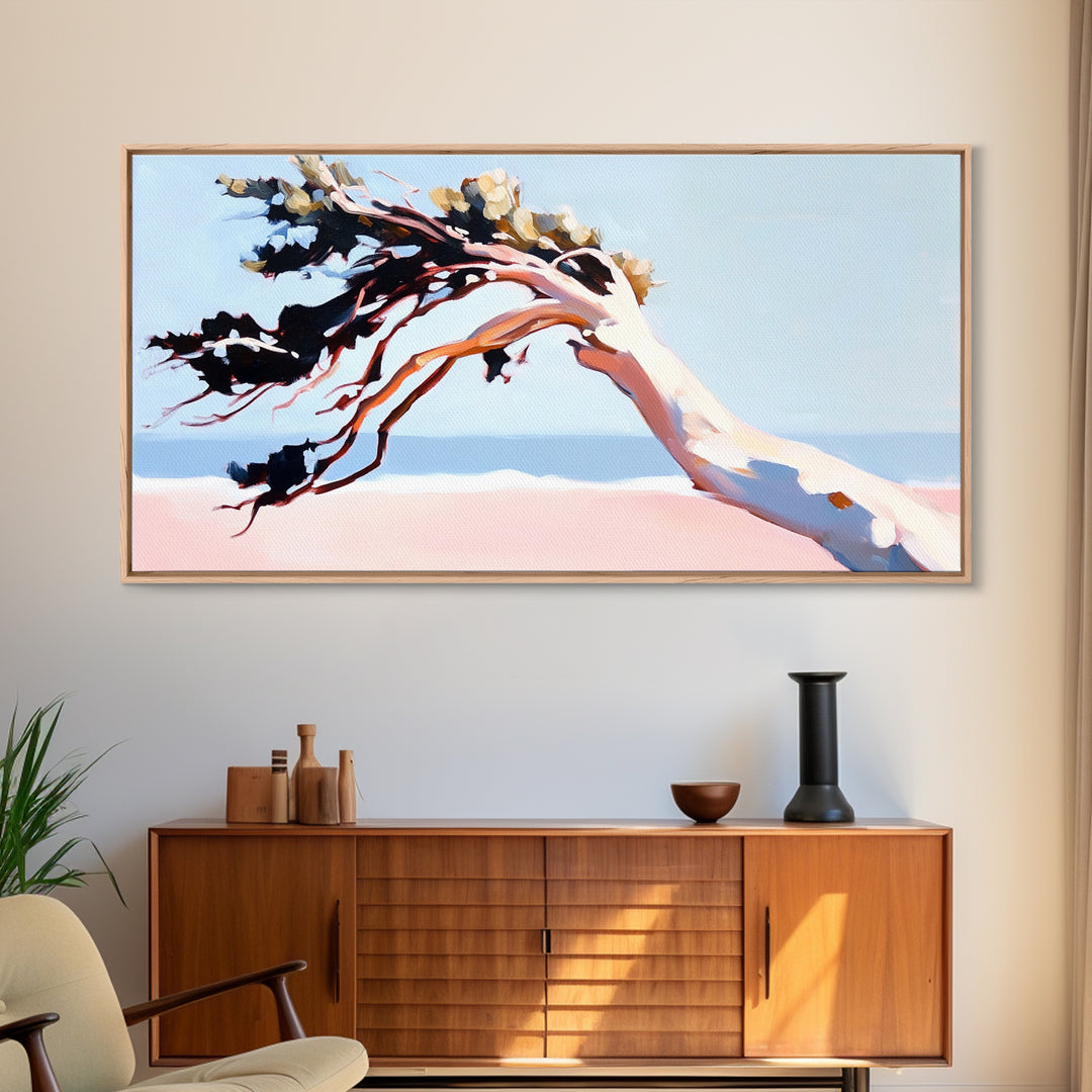 Coastal Tree, Windy Beach, Ocean Breeze, Framed Canvas Print, Minimalist Art, Coastal Wall Art, Living Room Wall Art, Beach House Decor