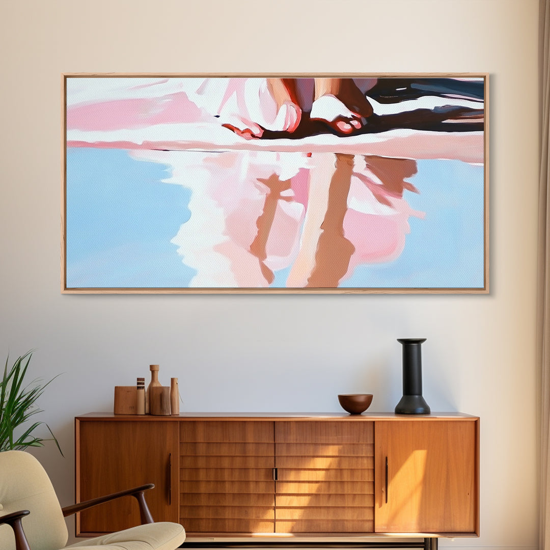 Barefoot Reflection, Sunlit Serenity, Beachside Calm, Framed Canvas Print, Coastal Home Decor, Ocean Art, Dreamy Seascape, Minimalist Aesthetic