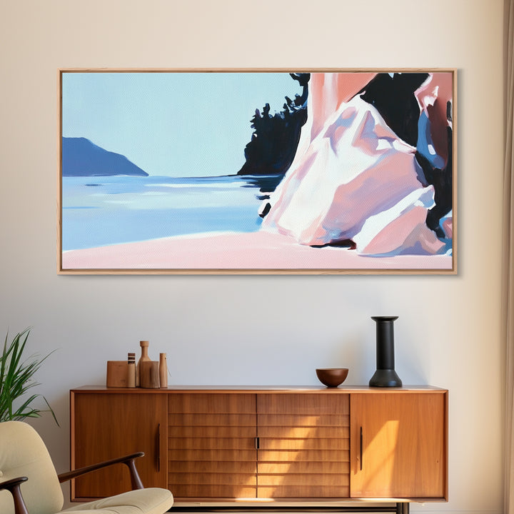 Cliffside View, Tranquil Waters, Framed Canvas Print, Coastal Wall Art, Minimalist Landscape, Serene Home Decor, Blue and Blush Tones
