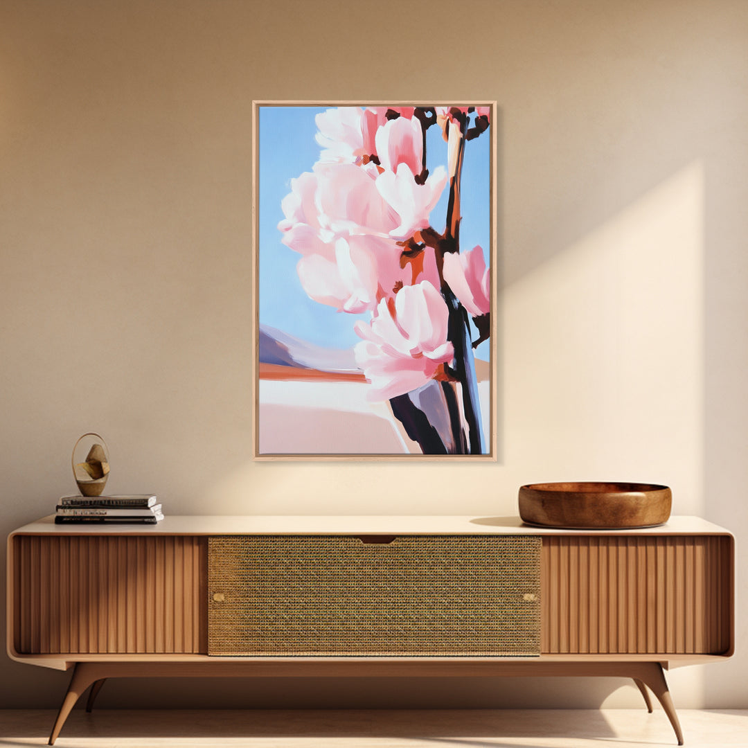 Blush Magnolia Art, Minimalist Floral Painting, Elegant Spring Decor, Pastel Botanical Print, Framed Canvas Print, Bedroom Wall Art