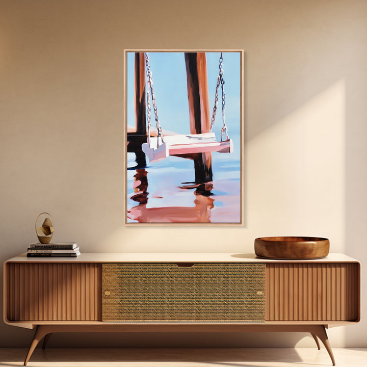 Dock Swing, Reflection Art, Nautical Decor, Relaxing Beach Scene, Minimalist Water Art, Canvas Print, Coastal Wall Art, Rustic Charm