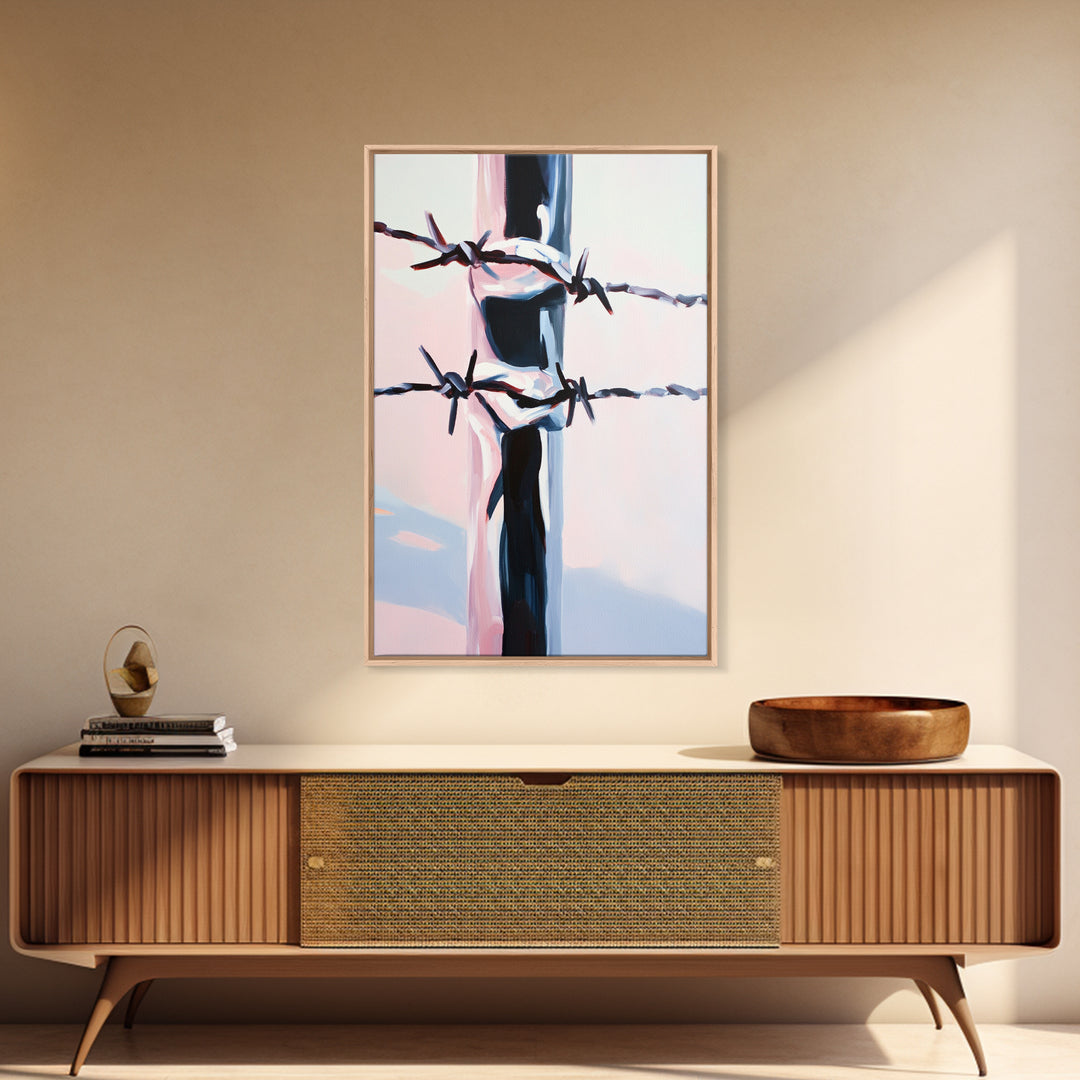 Barbed Wire, Western Art, Minimalist Ranch Style, Rustic Fence, Framed Canvas Print, Modern Wall Art, Cowboy Aesthetic, Bold Home Decor