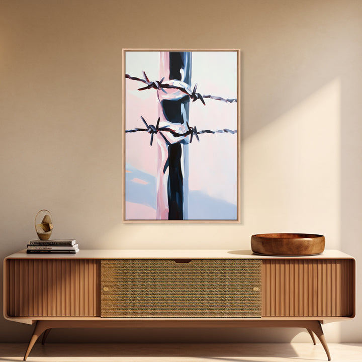 Barbed Wire, Western Art, Minimalist Ranch Style, Rustic Fence, Framed Canvas Print, Modern Wall Art, Cowboy Aesthetic, Bold Home Decor