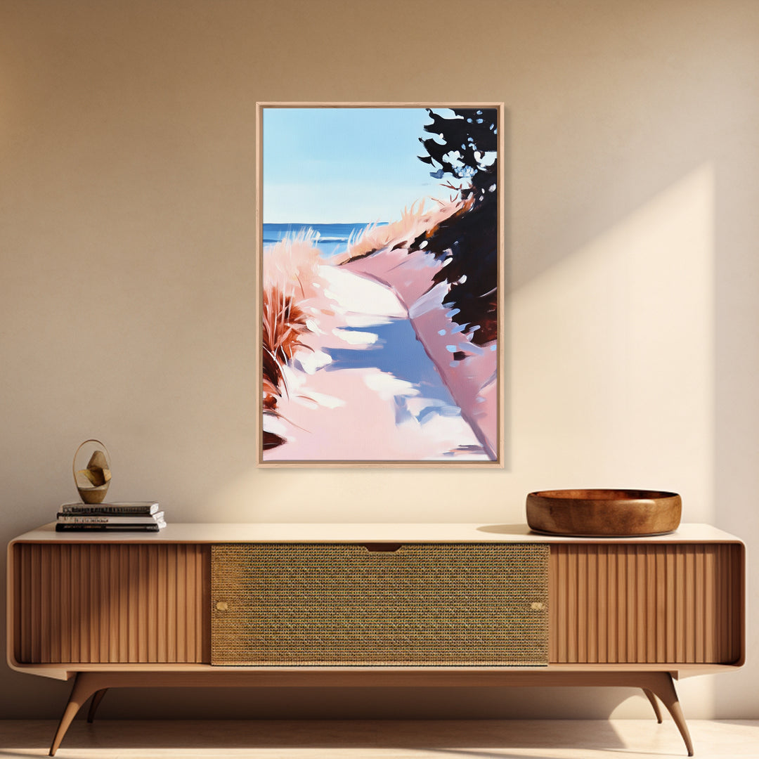 Coastal Dunes, Seaside Pathway, Beach Grass, Tranquil Nature Scene, Canvas Print, Living Room Wall Art, Soft Pastel Landscape
