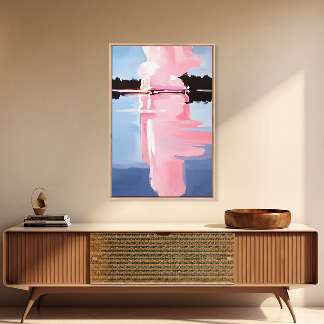 Pink Cloud, Reflection Art, Modern Landscape, Framed Canvas Print, Blue Sky Painting, Large Wall Art, Minimalist Decor, Office Art