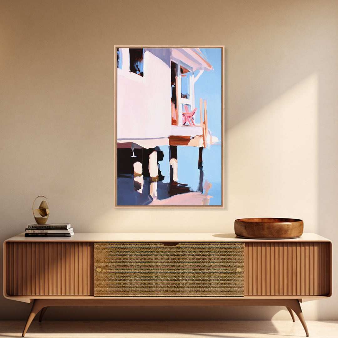 Coastal House, Seaside Home, Beachfront Art, Framed Canvas Print, Modern Coastal Art, Living Room Wall Art, Ocean Painting