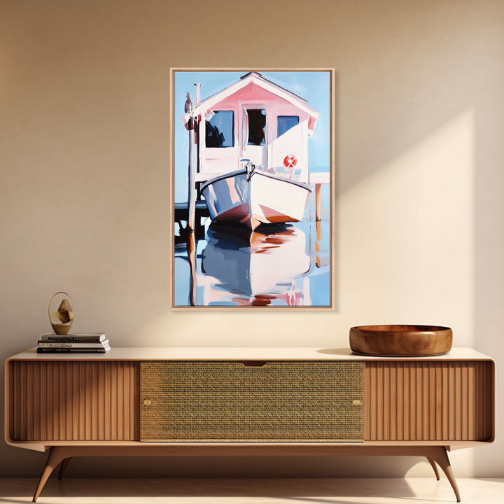 Boat Dock, Harbor Scene, Nautical Home Art, Coastal Wall Decor, Framed Canvas Print, Minimalist Beach Art, Modern Painting, Boho Art