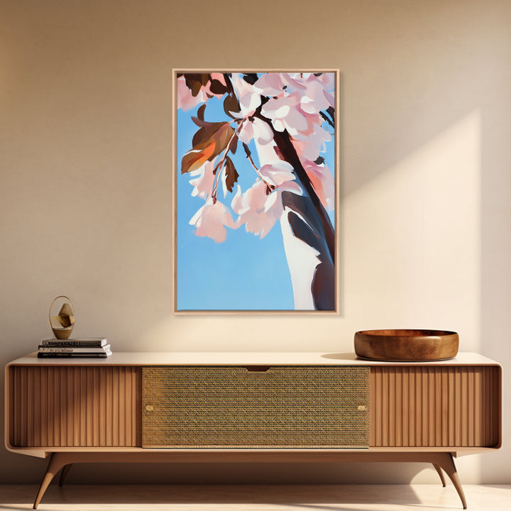 Cherry Blossom, Blue Sky, Framed Canvas Print, Spring Wall Art, Floral Painting, Pastel Decor, Nature Artwork, Bedroom Aesthetic