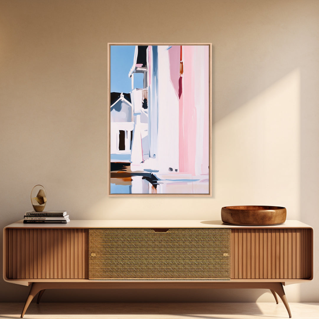 Pink Cityscape, Modern Architecture, Framed Canvas Print, Minimalist Wall Art, Soft Pastel Decor, Urban Home Design, Contemporary Aesthetic