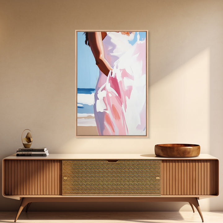 Beach, Dress, Breeze, Feminine, Canvas Print, Minimalist Art, Soft Pastel Art, Bedroom Wall Art, Aesthetic Home Decor, Coastal Wall Hanging