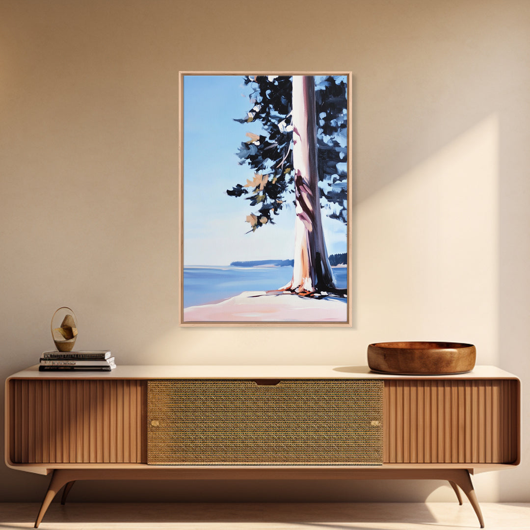 Coastal Tree, Lakeside Art, Tranquil Scene, Framed Canvas Print, Serene Nature Art, Minimalist Landscape, Living Room Wall Art