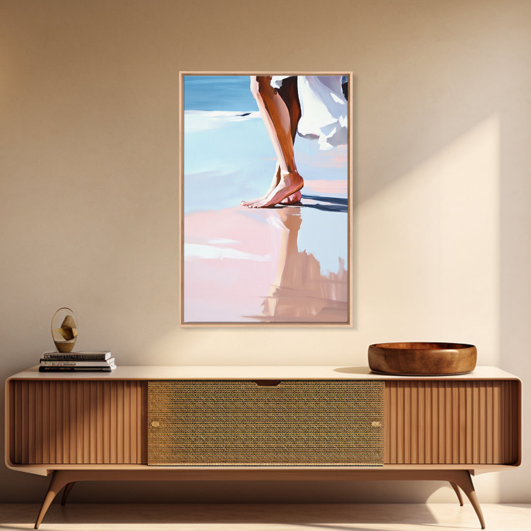 Barefoot Walk, Beach Reflection, Seaside Painting, Framed Canvas Print, Coastal Home Decor, Boho Art, Relaxing Bedroom Wall Art