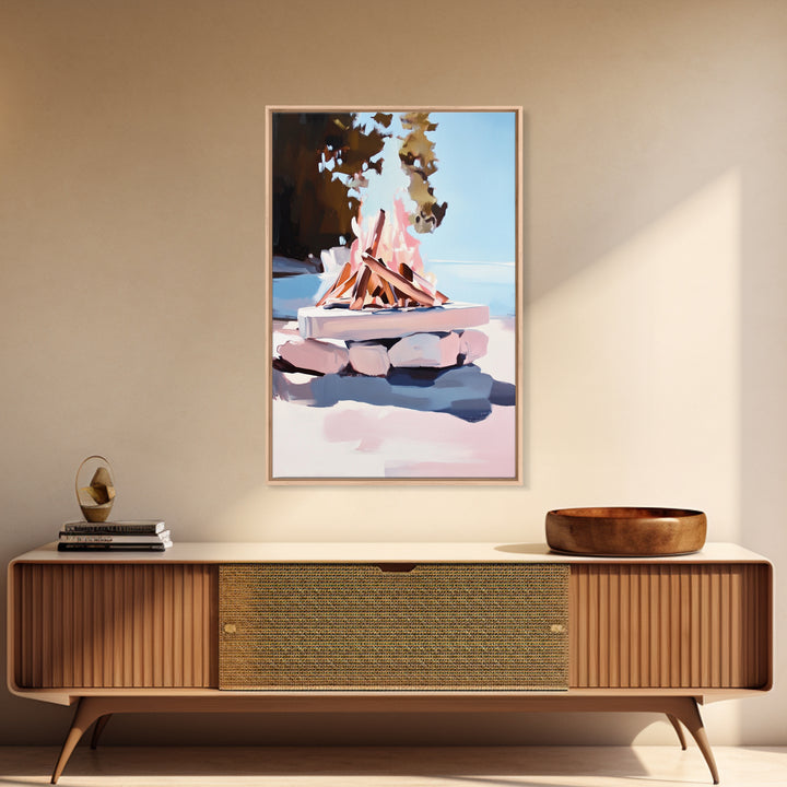 Campfire, Outdoor Retreat, Cozy Night, Framed Canvas Print, Cabin Decor, Rustic Wall Art, Autumn Home Art, Lodge Painting