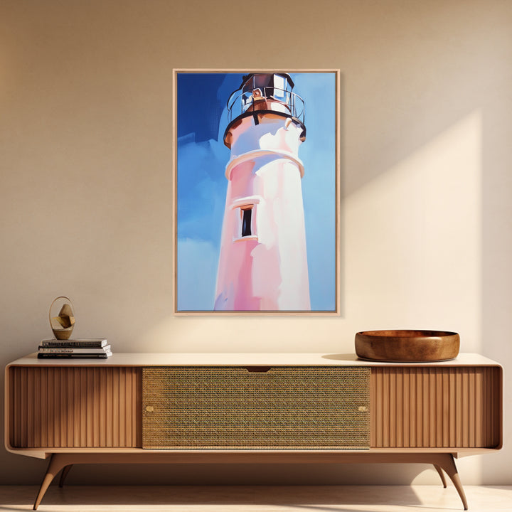 Coastal Lighthouse, Nautical Wall Art, Ocean Beach House, Framed Canvas Print, Minimalist Art, Living Room Wall Decor, Blue Sky
