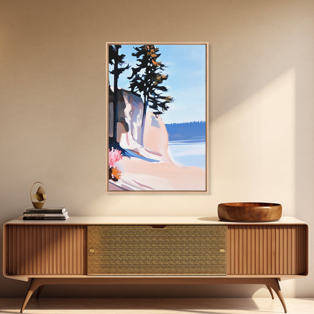 Cliffside View, Coastal Landscape Art, Ocean Breeze, Boho Wall Decor, Minimalist Painting, Relaxing Home Art, Framed Canvas Print, Scenic