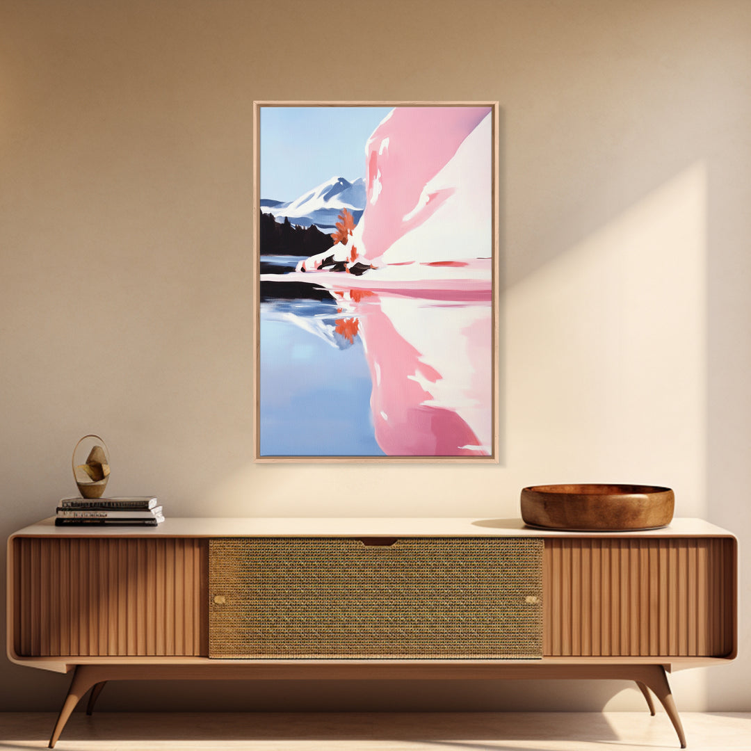Mountain Lake Painting, Scenic Nature Art, Abstract Reflections, Framed Canvas Print, Boho Landscape, Bedroom Wall Art, Earthy Decor