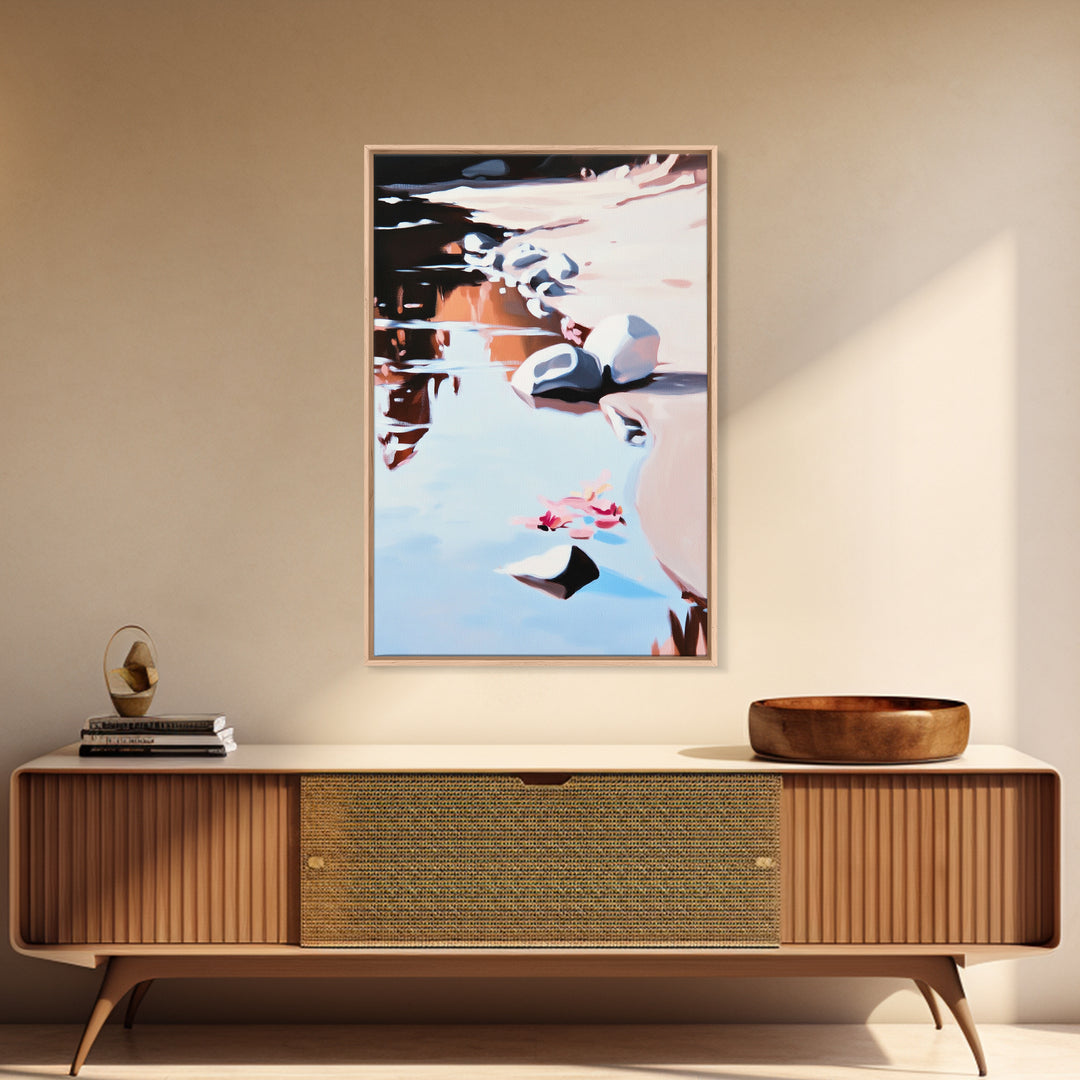 River Rock Art, Abstract Water Reflection, Serene Nature Print, Framed Canvas Print, Boho Landscape, Minimalist Decor, Living Room Art