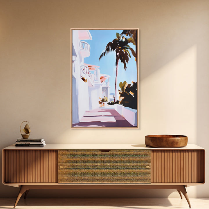 Tropical Balcony View, Palm Tree Painting, Coastal Boho Art, Framed Canvas Print, Mediterranean Aesthetic, Living Room Wall Art, Beach House Decor