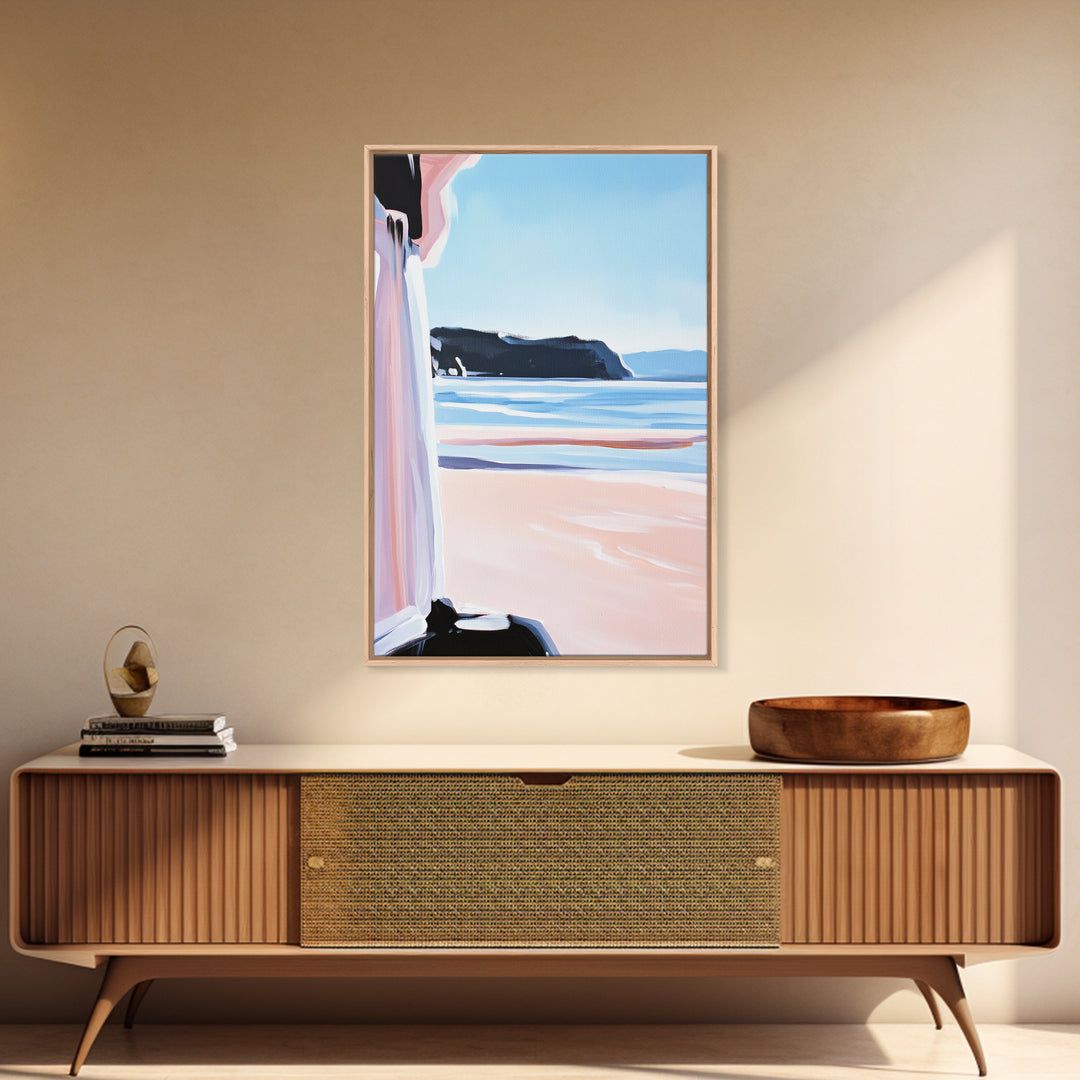 Ocean Horizon, Coastal Landscape, Serene Beach Art, Pastel Tones, Framed Canvas Print, Minimalist Home Decor, Living Room Art