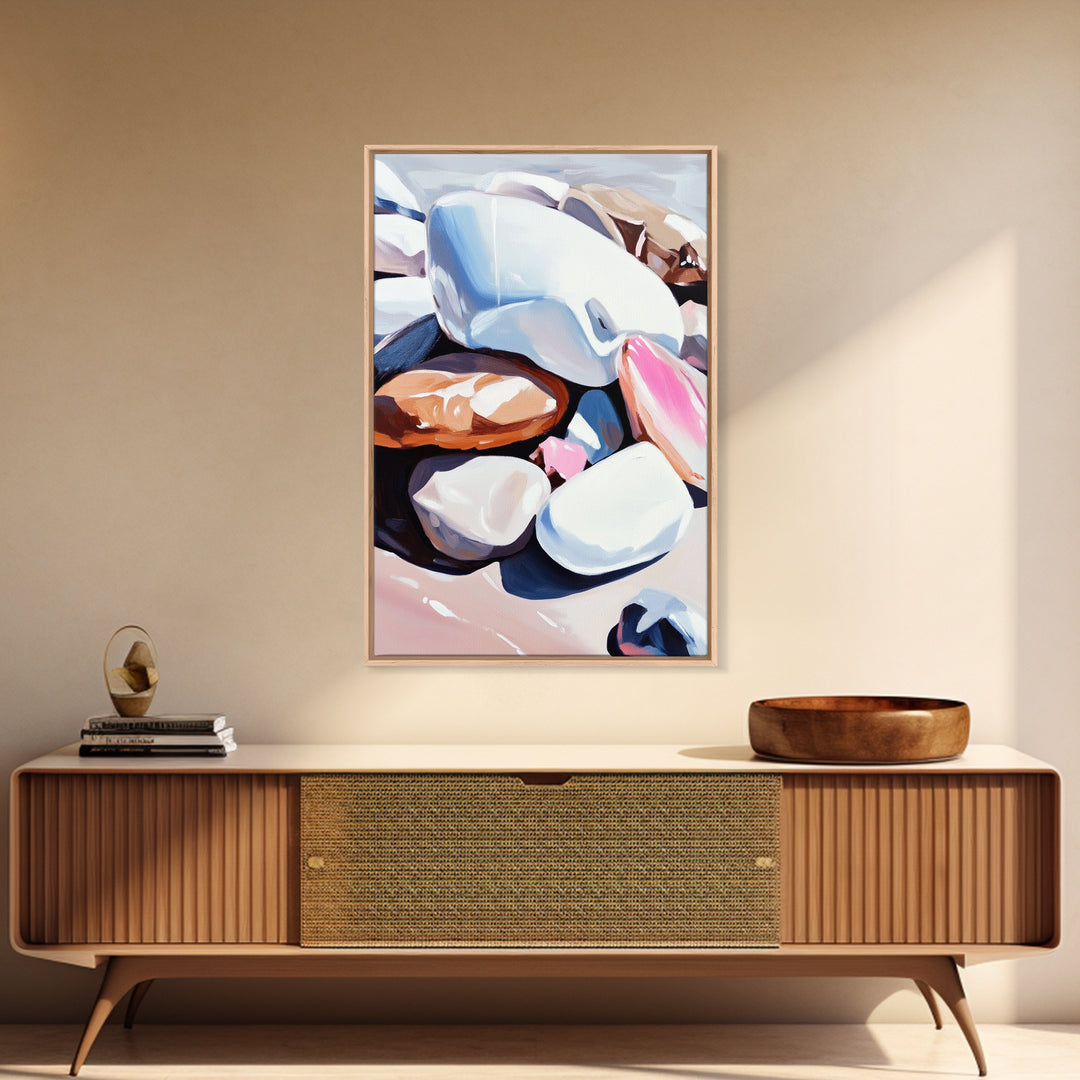 Pebble Beach, Coastal Rock Art, Natural Elements, Earthy Aesthetic, Minimalist Canvas Print, Zen Decor, Tranquil Living Room Art