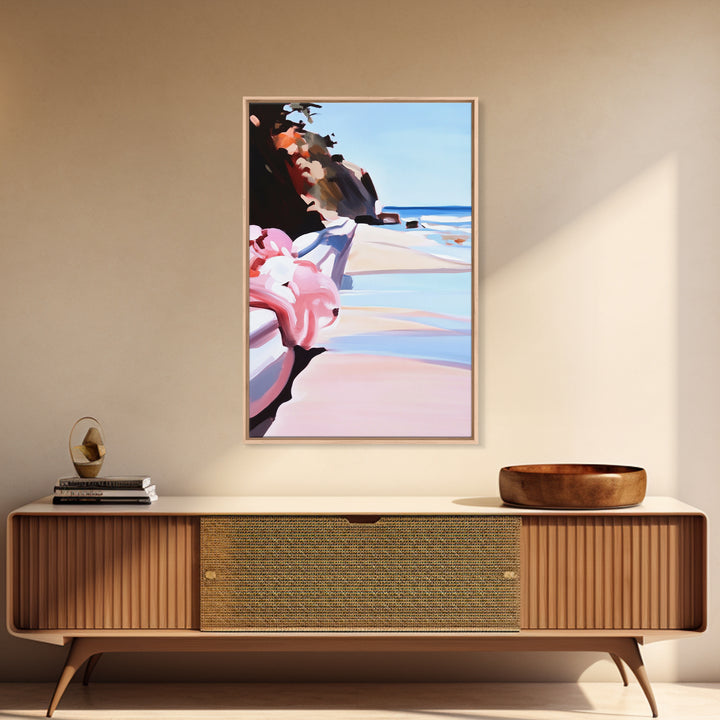 Ocean View, Coastal, Beach House, Serene, Dreamy, Pink Accents, Soft Hues, Summer, Relaxing, Minimalist, Boho, Canvas Print