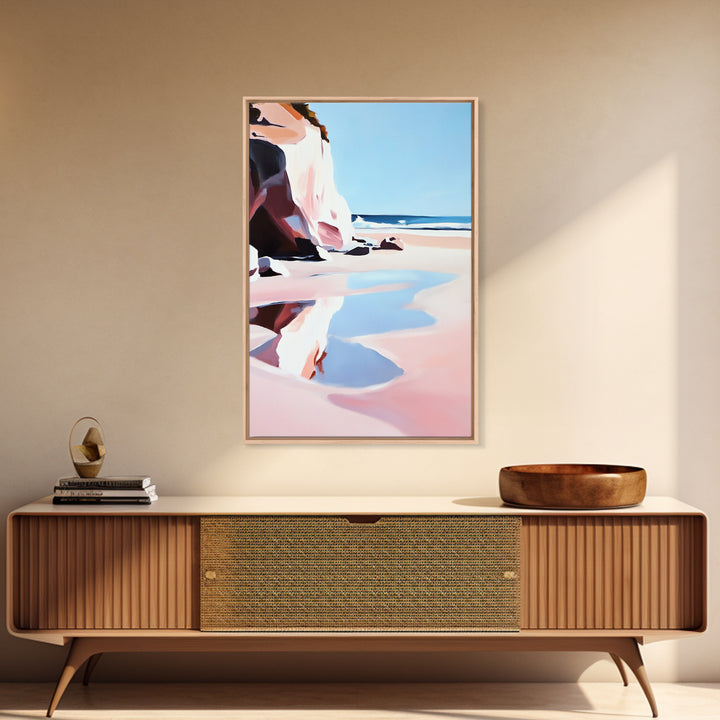 Cliffside Beach, Coastal Retreat, Relaxing Seascape, Ocean View, Soft Pastels, Tranquil Art, Summer Vibes, Framed Canvas Print