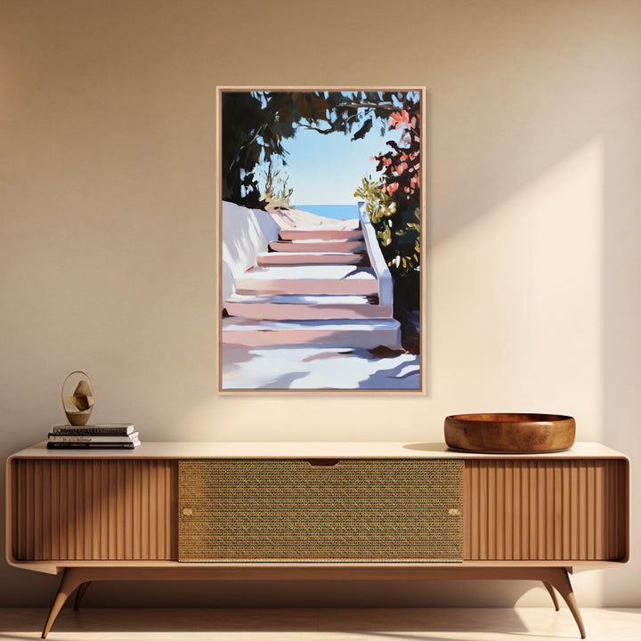 Beach Stairs, Seaside Getaway, Summer Vibes, Tropical Aesthetic, Warm Sunlight, Coastal Home Decor, Framed Canvas Print, Entryway