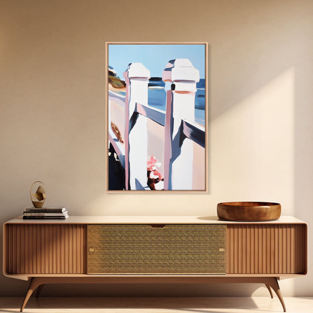 Coastal Railing, Seaside Escape, Nautical Aesthetic, Framed Canvas Print, Beach House Wall Art, Ocean View Decor, Minimalist Blue Art