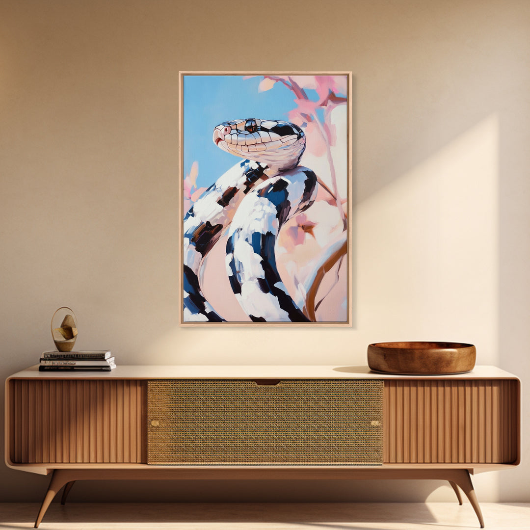 Black and White Snake, Nature Portrait, Wildlife Art, Framed Canvas Print, Jungle Theme Decor, Modern Animal Wall Art, Office Accent