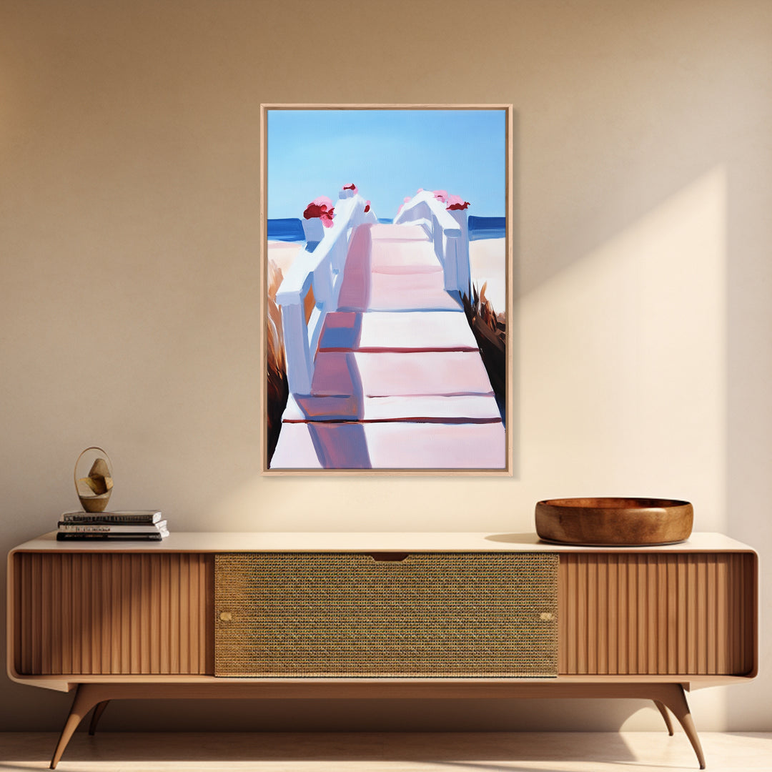 Boardwalk, Beach Print, Coastal Wall Art, Framed Canvas Print, Nautical Aesthetic, Minimalist Ocean Scene, Relaxing Artwork