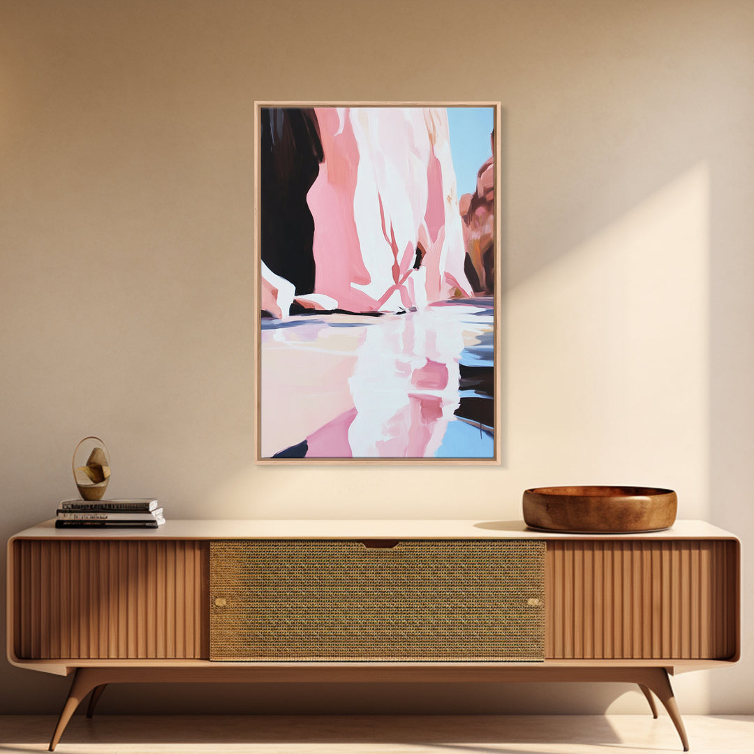 Cliffside Reflection, Coastal Wall Art, Beach House Decor, Blue and Pink Minimalist, Living Room Art, Framed Canvas Print