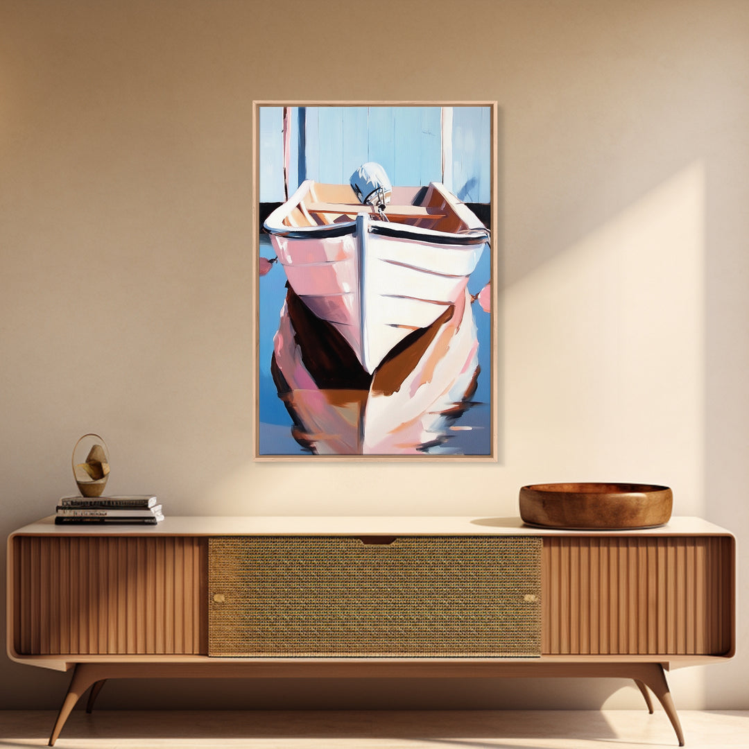 Rustic Boat, Nautical Wall Art, Coastal Home Decor, Seaside Aesthetic, Soft Pastels, Framed Canvas Print, Living Room
