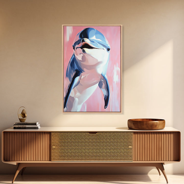 Dolphin Portrait, Ocean Animal Art, Beach House Wall Decor, Coastal Aesthetic, Nautical Art Print, Framed Canvas Print, Pastel Home Decor