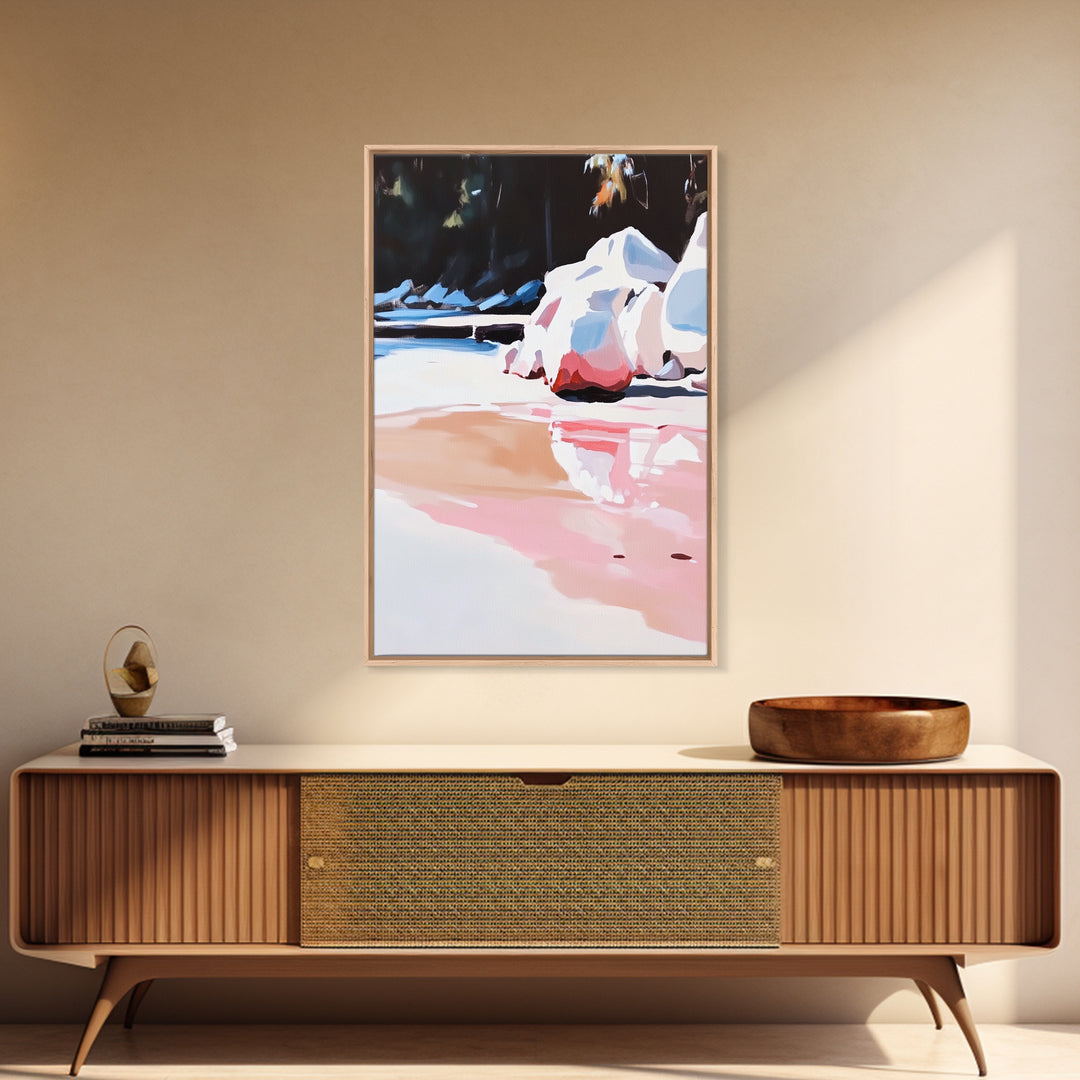 Rocky Shoreline, Water Reflections, Tranquil Landscape, Canvas Print, Nature Inspired Art, Modern Home Decor, Bedroom Wall Art