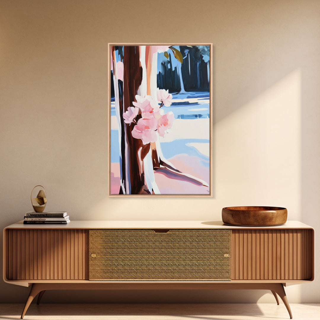 Cherry Blossoms, Winter Trees, Modern Nature Art, Seasonal Wall Art, Framed Canvas Print, Botanical Home Decor, Living Room Artwork