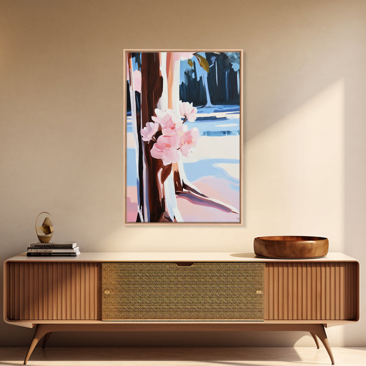 Cherry Blossoms, Winter Trees, Modern Nature Art, Seasonal Wall Art, Framed Canvas Print, Botanical Home Decor, Living Room Artwork