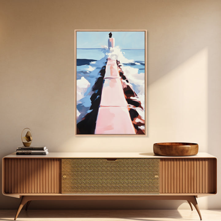 Ocean Walkway, Coastal Landscape, Serene Beach Wall Art, Relaxing Seascape Painting, Framed Canvas Print, Modern Minimalist Wall Art
