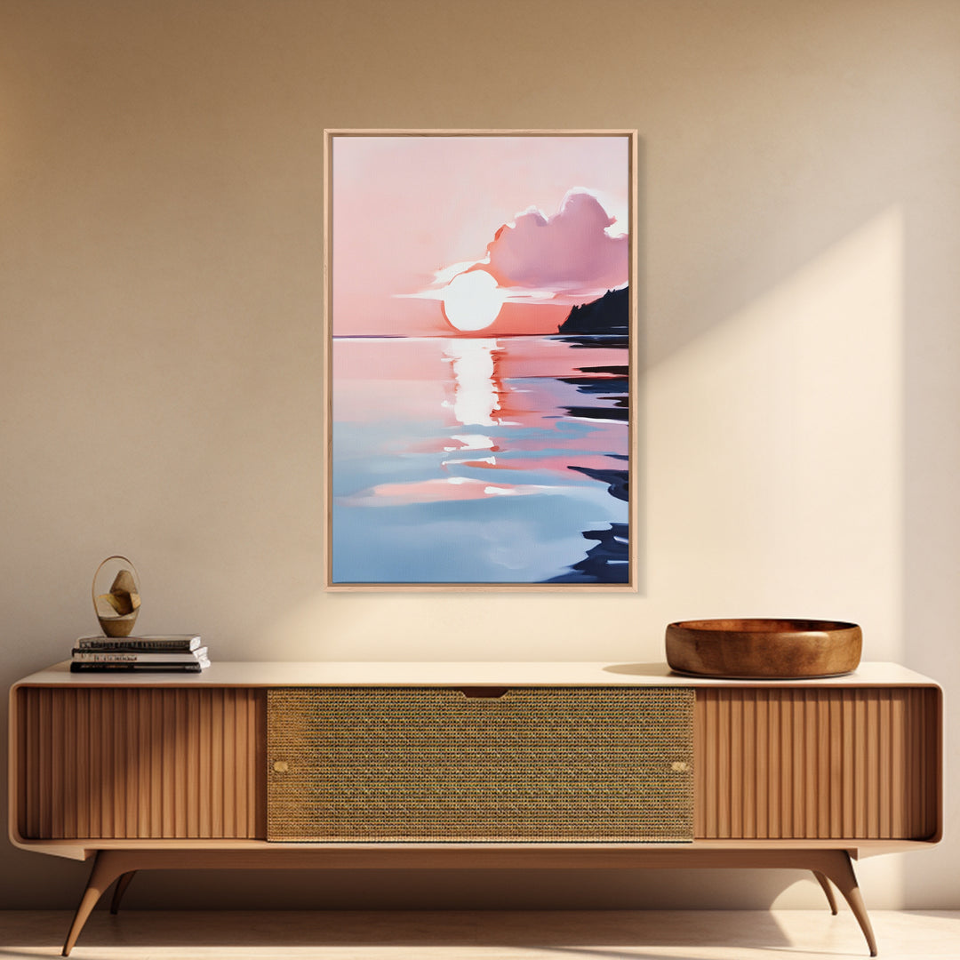 Ocean Sunset, Abstract Seascape Art, Framed Canvas Print, Beach House Wall Art, Modern Coastal Decor, Pink Sky Painting, Bedroom Artwork