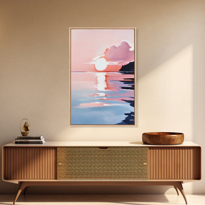 Ocean Sunset, Abstract Seascape Art, Framed Canvas Print, Beach House Wall Art, Modern Coastal Decor, Pink Sky Painting, Bedroom Artwork