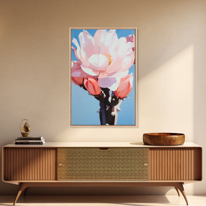 Blooming Cactus, Floral Desert Art, Southwestern Wall Decor, Minimalist Boho Painting, Framed Canvas Print, Pastel Botanical Wall Art