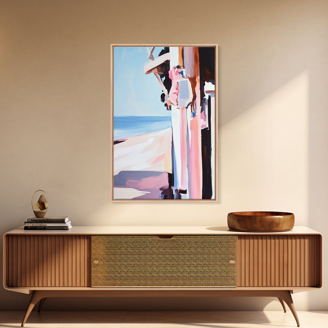 Beachside Figure, Coastal Minimalist Art, Abstract Summer Aesthetic, Tranquil Seaside Decor, Canvas Print, Framed Canvas Print